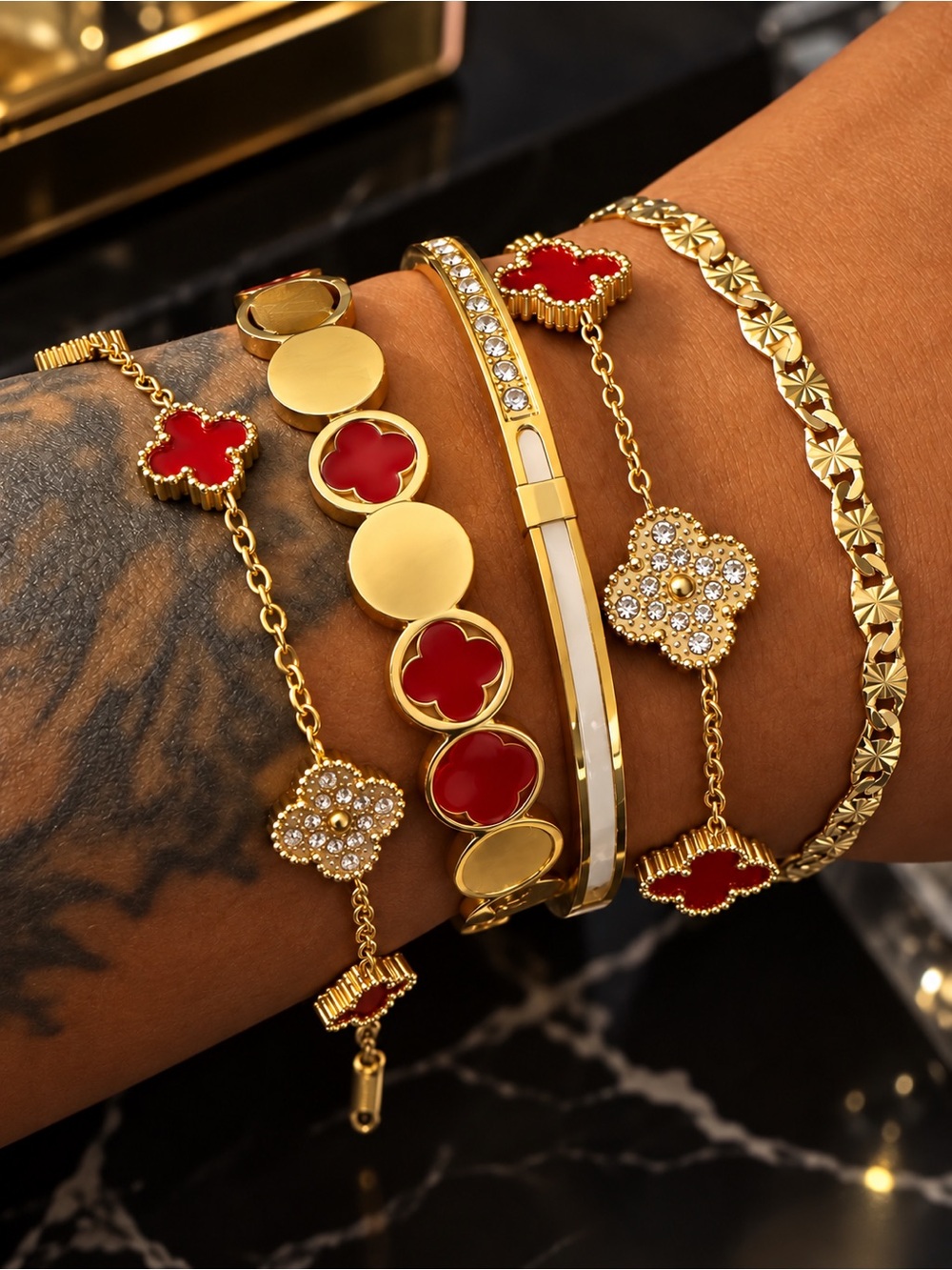 Gold and Red Clover Charm Bracelet Set - Women Jewelry
